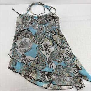 VTG XOXO Y2k Halter Top Blue & Brown Paisley Asymmetric Tiered Ruffle Hem Size M